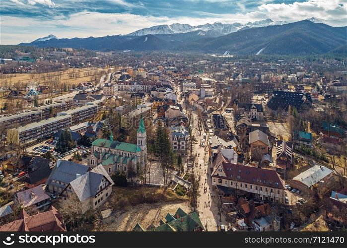 Aerial view of Zakopane and Tatry mountains at early spring, Poland