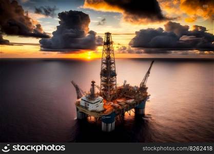 Aerial view offshore drilling rig jack up at the offshore location during sunset. Neural network AI generated art. Aerial view offshore drilling rig jack up at the offshore location during sunset. Neural network generated art