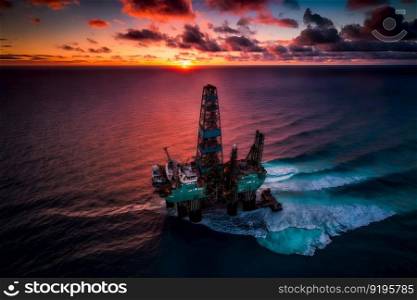 Aerial view offshore drilling rig jack up at the offshore location during sunset. Neural network AI generated art. Aerial view offshore drilling rig jack up at the offshore location during sunset. Neural network generated art