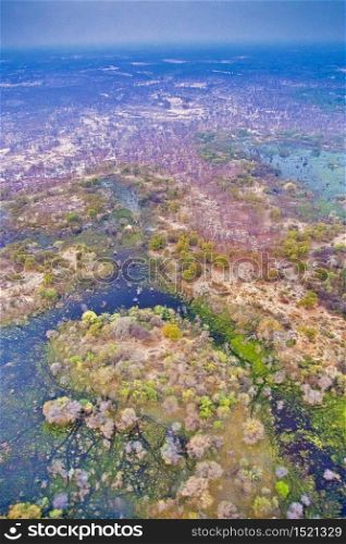 Aerial view, Okavango Delta, Okavango Grassland, UNESCO World Heritage Site, Ramsar Wetland, Botswana, Africa