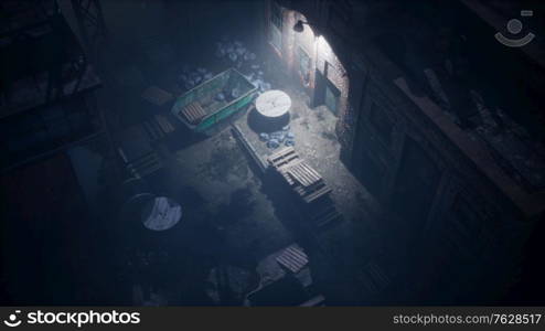 Aerial view. Old factory. City with air atmosphere pollution at night. Aerial view of Old factory