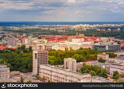 Aerial view, Old Town and modern city from Palace of Culture and Science in Warsaw, Poland