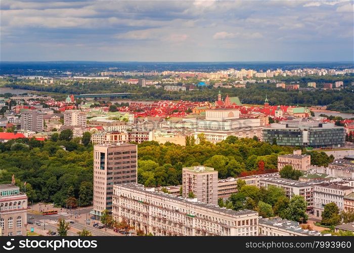 Aerial view, Old Town and modern city from Palace of Culture and Science in Warsaw, Poland