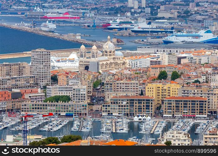 Aerial view on a sunny day at the fort of St. John and the old port. Marseilles. France.. Marseilles. Aerial view of the fort of St. John and the harbor.