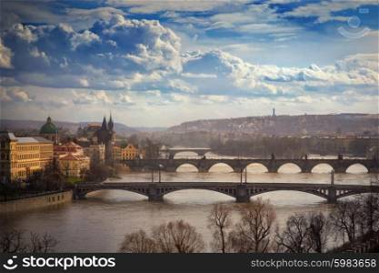 aerial view on bridges in Prague, Czech Republic