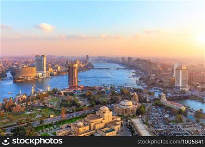 Aerial view on Cairo at sunset, panorama from the Tower.. Aerial view on Cairo at sunset, panorama from the Tower