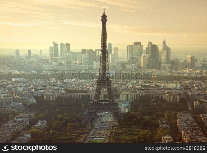 Aerial view on Eiffel Tower and district la Defense in Paris, France