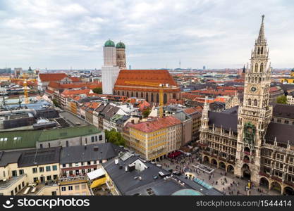 Aerial view on Marienplatz town hall and Frauenkirche in Munich, Germany