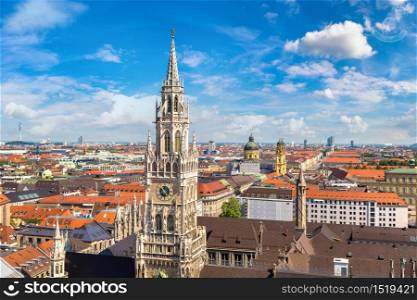 Aerial view on Marienplatz town hall in Munich, Germany in a beautiful summer day