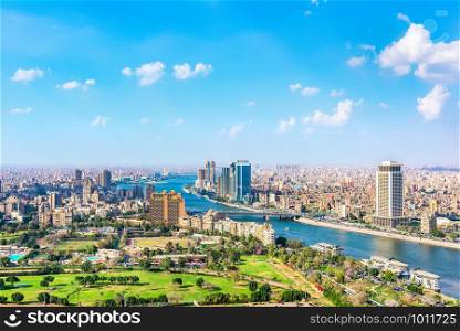 Aerial view on modern Cairo and river Nile at summer day, Egypt. View on modern Cairo