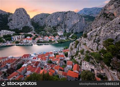 Aerial View on Omis Old Town and Cetina River Gorge, Dalmatia, Croatia