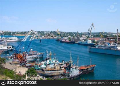 Aerial view on port of Sevastopol, ships are moored in the docks