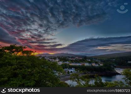 aerial view on Portree before sunset, Isle of Skye, Scotland