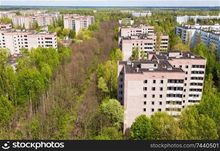 Aerial view on residential area of abandoned Pripyat city in Chernobyl Exclusion Zone, Ukraine