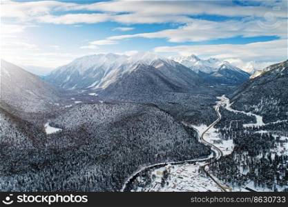 Aerial view on the mountain valley in winter
