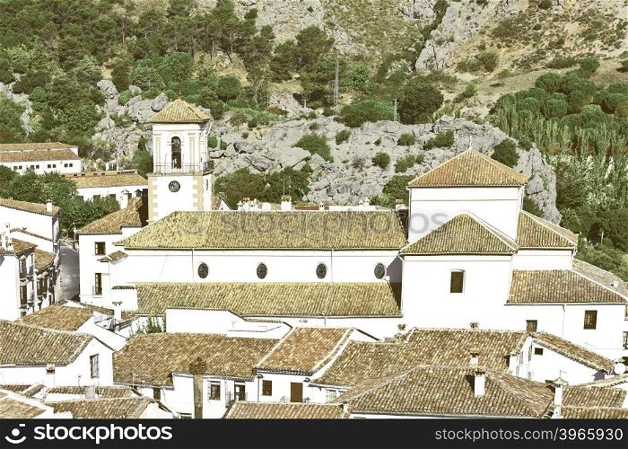 Aerial View on the Red Tiles of the Spanish City of Grazalema, Vintage Style Toned Picture