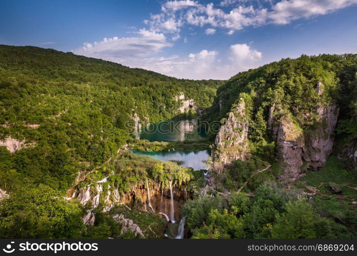 Aerial View on Waterfalls in Plitvice National Park, Donja Jezera, Croatia