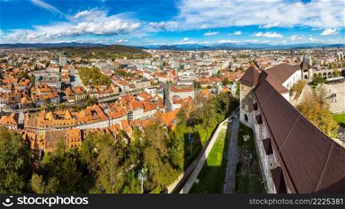 Aerial view over castle and Ljubljana in Slovenia in a summer day