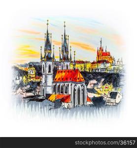 Aerial view over Church of Our Lady before Tyn, Old Town and Prague Castle at sunset in Prague, Czech Republic. Picture made markers