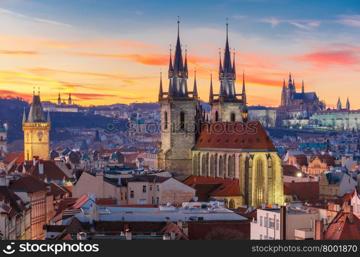 Aerial view over Church of Our Lady before Tyn, Old Town and Prague Castle at sunset in Prague, Czech Republic