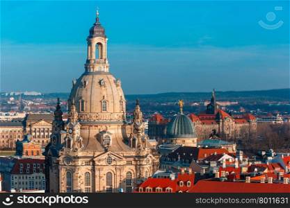 Aerial view over Frauenkirche and glass dome of Academy of Fine Arts or Lemon Squeezer and roofs of old Dresden, Saxony, Germany