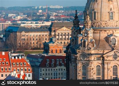Aerial view over Frauenkirche and roofs of old Dresden, Saxony, Germany