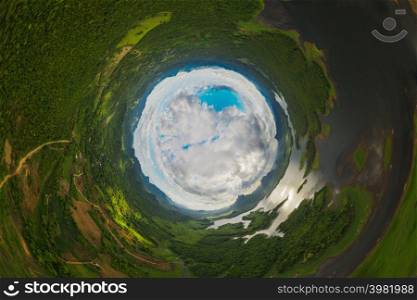 Aerial view over Mae Chang Reservoir, Mae Moh, Lampang, Thailand, 360 degrees panorama - Drone.. Mae Chang Reservoir
