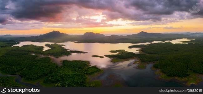Aerial view over Mae Chang Reservoir, Mae Moh, Lampang, Thailand, panorama - Drone.. Mae Chang Reservoir