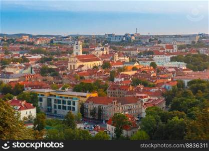 Aerial view over Old town from Castle Hill and Gediminas Tower, Vilnius, Lithuania, Baltic states.. Aerial view over Old town of Vilnius, Lithuania.