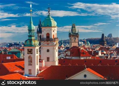 Aerial view over Old Town in Prague with domes of churches, Bell tower of the Old Town Hall, Powder Tower, Czech Republic