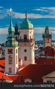Aerial view over Old Town in Prague with domes of churches, Bell tower of the Old Town Hall, Czech Republic