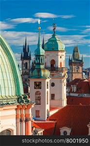 Aerial view over Old Town in Prague with domes of churches, Bell tower of the Old Town Hall, Czech Republic