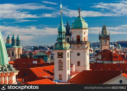 Aerial view over Old Town in Prague with domes of churches, Bell tower of the Old Town Hall, Powder Tower, Czech Republic
