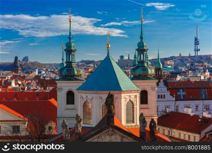 Aerial view over Old Town in Prague with domes of churches, Czech Republic