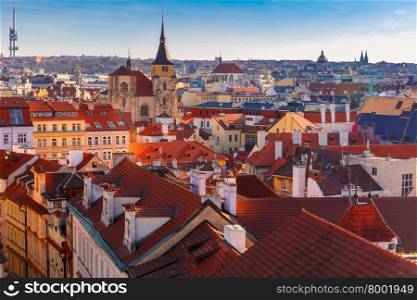 Aerial view over Old Town in Prague with domes of churches, Czech Republic