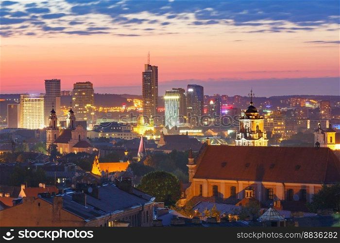 Aerial view over Old town of Vilnius and skyscrapers of New Center, Lithuania, Baltic states.. Old town and skyscrapers, Vilnius, Lithuania