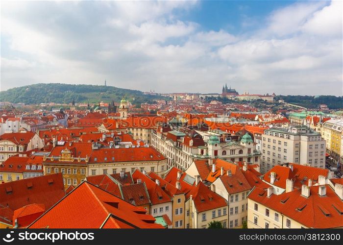 Aerial view over Old Town, Petrin Hill, Prague Castle and Hradcany in Prague, Czech Republic