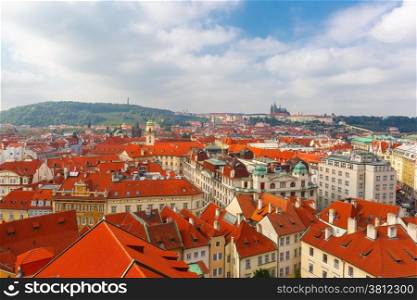 Aerial view over Old Town, Petrin Hill, Prague Castle and Hradcany in Prague, Czech Republic