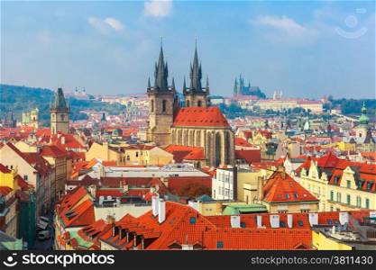 Aerial view over Old Town square, Prague Castle and Hradcany in Prague, Czech Republic