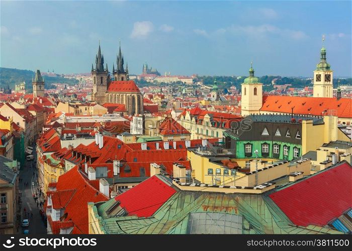 Aerial view over Old Town square, Prague Castle and Hradcany in Prague, Czech Republic