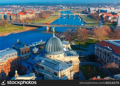Aerial view over river Elbe, bridges and glass dome of Academy of Fine Arts or Lemon Squeezer, Dresden, Saxony, Germany