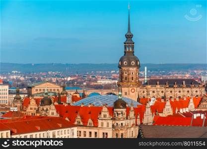 Aerial view over Royal Palace and roofs of old Dresden, Saxony, Germany