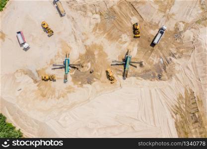 Aerial view over the building materials processing factory. Sand mine. View from above