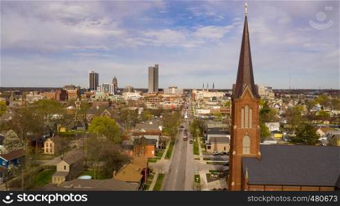 Aerial view over the downtown city skyline of Fort Wayne Indiana USA