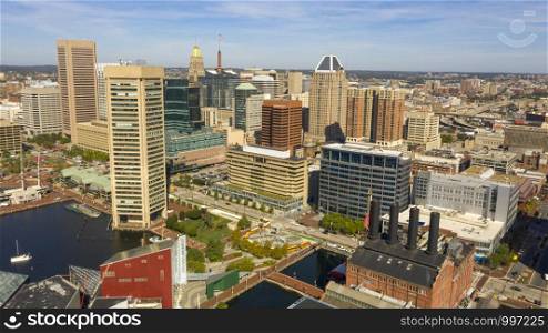 Aerial view over the downtown metro city center area of Baltimore Maryland