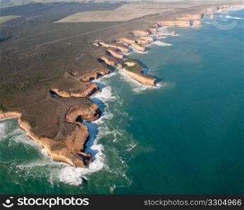 Aerial view over the Twelve Apostles off the coast of Australia