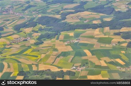 Aerial view over villages in spring time