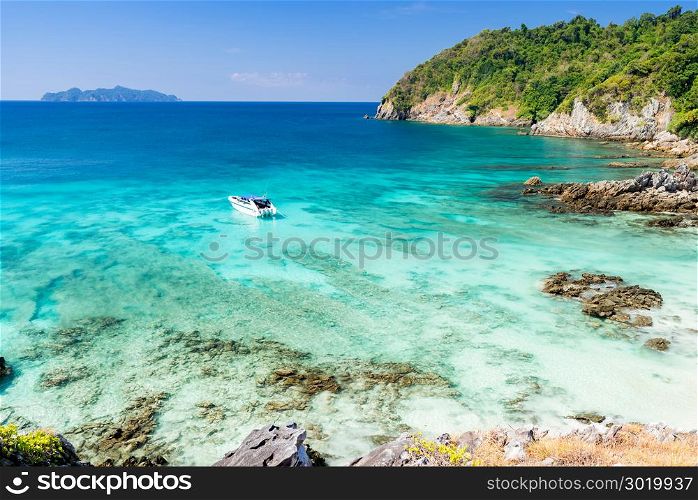 Aerial View point of Tropical white sand beach and snorkel point at cockburn island andaman sea indian ocean Myanmar and Thailand.