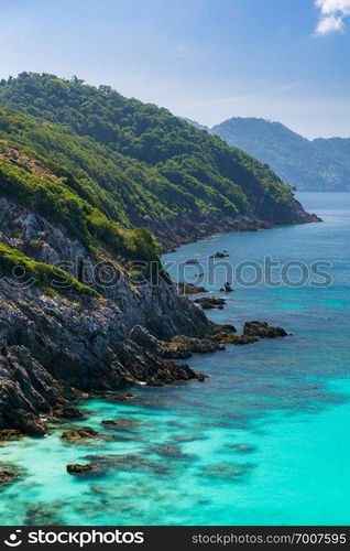 Aerial View point of Tropical white sand beach and snorkel point at cockburn island andaman sea indian ocean Myanmar and Thailand.