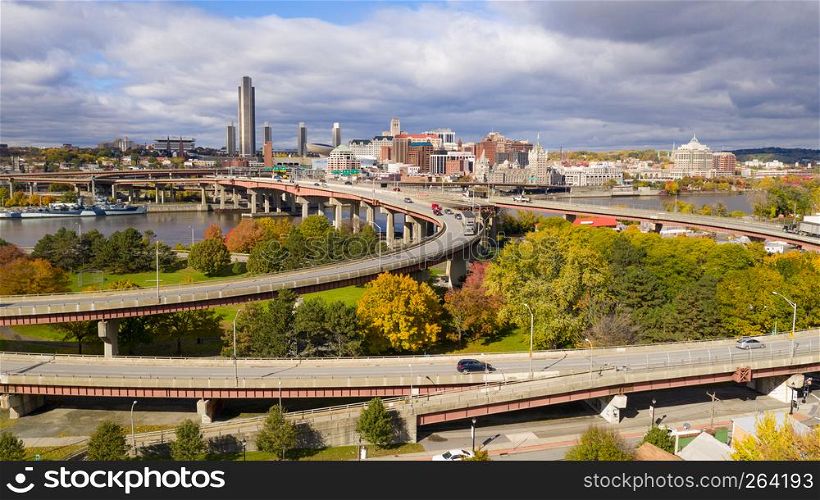 Aerial view Rensselaer NY highway transportation Hudson River flowing past the capital city of Albany